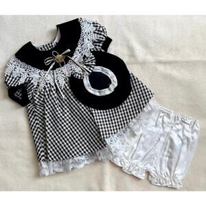 Vintage 90s Joy Kid Dress Set Girls 18M Black White Gold Check Lace Bow Hat